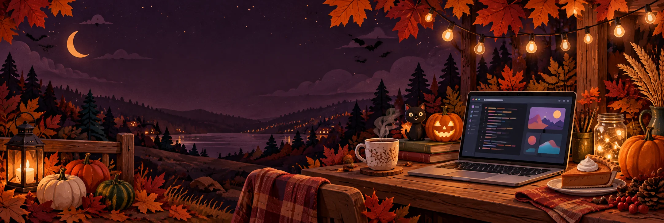 A cozy autumn coding desk at twilight with pumpkins, bats, fall leaves, wheat, and pumpkin pie.